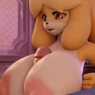 animal crossing, nintendo, isabelle (animal crossing), sonivvnsfw, 1boy, 1girls, areolae, big breasts, big penis, breasts, female, furry, gigantic breasts, gigantic penis, heart-shaped pupils