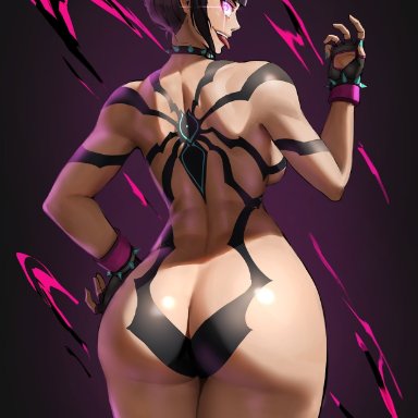 street fighter, street fighter 6, juri han, ethan69 (artist), 1girls, almost naked, ass, ass focus, back, back view, behind view, big ass, big butt, black hair, bodypaint