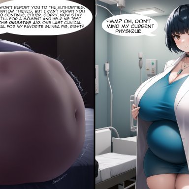 atlus, persona, persona 5, persona 5 royal, tae takemi, novelvore, 1girls, after vore, bbw, big belly, big breasts, blue hair, breast expansion, brown hair, chocker
