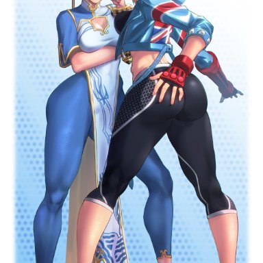 capcom, street fighter, street fighter 6, cammy white, chun-li, yamauchi (conan-comy), 2girls, ass, barefoot, big ass, black hair, blonde hair, blue eyes, blue thighhighs, bracelet