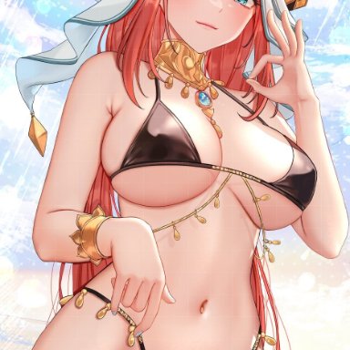 genshin impact, nilou (genshin impact), renberry77, 1girls, belly button, belly dancer, bikini, blue eyes, horn, jewelry, large breasts, looking at viewer, navel, red hair, seductive