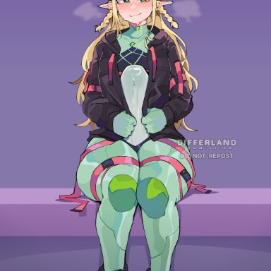 original, original character, differland, diforland, 1girls, anal access, blonde hair, blush, clothed, dildo, dildo sitting, green eyes, hair ornament, looking at viewer, pointy ears