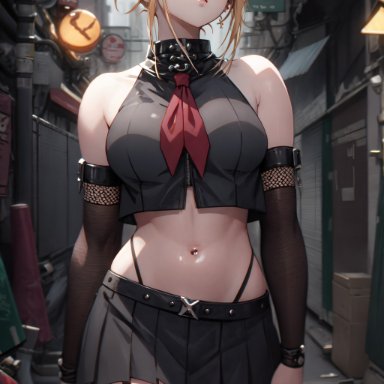 my hero academia, himiko toga, toga himiko, stable diffusion, 1girls, blonde hair, breasts, fishnet thighhighs, fishnets, goth, goth girl, highleg panties, midriff, school uniform, schoolgirl