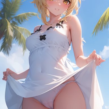 genshin impact, lumine (genshin impact), stable diffusion, blonde hair, embarrassed, shy, smooth skin, thighs, yellow eyes, ai generated, game cg