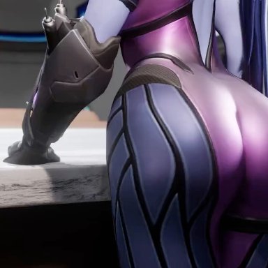 blizzard entertainment, overwatch, overwatch 2, amelie lacroix, ashe (overwatch), widowmaker, catcherrye, 2girls, against table, ass, ass focus, ass jiggle, ass slap, back tattoo, bent over