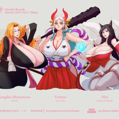 bleach, league of legends, one piece, ahri, matsumoto rangiku, yamato (one piece), acrylictoon, 3girls, animal ears, bare shoulders, black dress, black kimono, breasts, cleavage, club