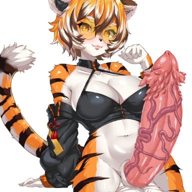 arknights, waai fu (arknights), pondbs, 1futa, anthro, balls, big balls, big breasts, big penis, bottomless, breasts, cleavage, clothed, clothing, furry