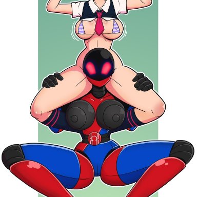 marvel, spider-man (series), peni parker, sp//dr, wrenzephyr2, aged up, asian, bimbo, bimbofication, bra, female, high heels, huge breasts, implied transformation, lips