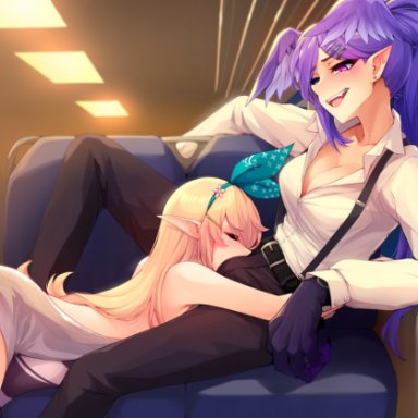 nijisanji, nijisanji en, pomu rainpuff, selen tatsuki, ricegnat, 1futa, 1girls, bent over, big breasts, blonde hair, breasts, bulge, bulge in face, chair, cleavage