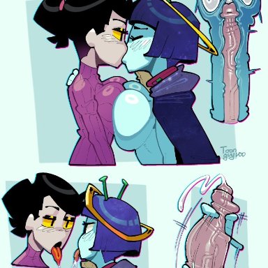 original character, toonguy100, 1futa, 1girls, alien, antennae, areolae, balls, big breasts, black hair, blue hair, blue skin, bottomless, breast press, breasts