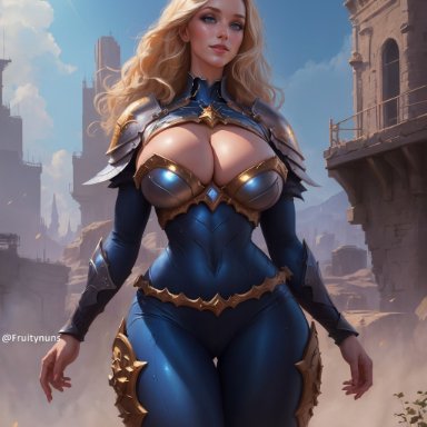 league of legends, riot games, luxanna crownguard, fruitynuns, stable diffusion, 1girls, blonde hair, blue eyes, female, female focus, huge breasts, long hair, solo, solo focus, ai generated