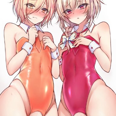 original, momoyama, 2boys, 2femboys, armpit crease, ass visible through thighs, average sized penis, blonde hair, blonde hair male, blonde male, blush, blushing at viewer, braid, braided ponytail, bunny ears