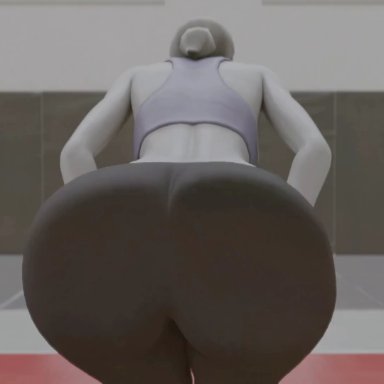 nintendo, wii fit, wii fit trainer, kishi, against fourth wall, against glass, ass, ass focus, ass on glass, ass press, ass shake, bare shoulders, black hair, female, from behind