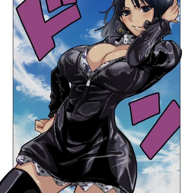 one piece, nico robin, foxudon0083, 1girls, bangs, black hair, blush, boots, curvy, female, hourglass figure, large breasts, leather, leather minidress, looking at viewer