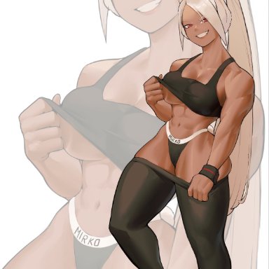 my hero academia, miruko, rumi usagiyama, usagiyama rumi, zukululuu, 1girls, abs, animal ears, bare shoulders, black panties, black pants, black sports bra, black wristband, breasts, cleavage