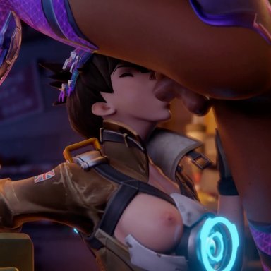 overwatch, sombra, tracer, grand cupido, vranimeted, blowjob, breast, breasts, dark skin, female, futa on female, futanari, penis, pussy, short hair