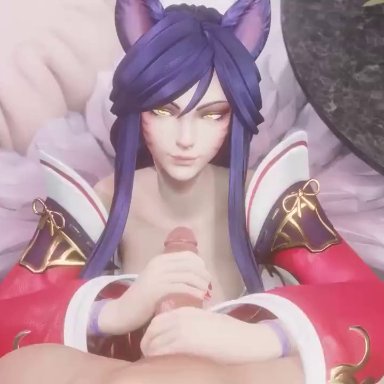 league of legends, ahri, bewyx, animal ears, big breasts, big penis, blowjob, blue hair, clothed, clothing, cum, cum in mouth, cum on face, cumshot, deepthroat