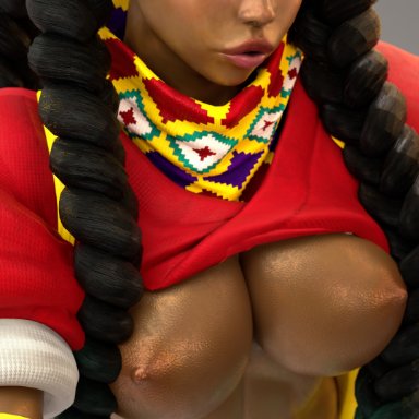 capcom, street fighter, kimberly (street fighter), missed call, abs, african, african female, areolae, athletic, athletic female, big breasts, black hair, breasts, breasts out, busty