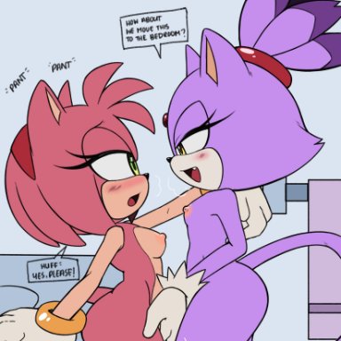 sega, sonic (series), sonic the hedgehog (series), amy rose, blaze the cat, pepamintop, anthro, arched back, areola, bathroom, bedroom eyes, black nose, blazamy, blush, blush lines