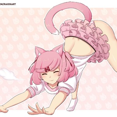 doki doki literature club, raionart, 1girls, 5 fingers, accessory, animal ear fluff, animal ears, animal tail, ass, ass in air, ass up, back, bangs, blush, blushing