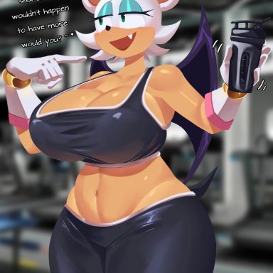 sonic (series), sonic the hedgehog (series), rouge the bat, snesti, anthro, ass, big ass, big breasts, breasts, cleavage, clothed, clothing, female, gym, gym uniform