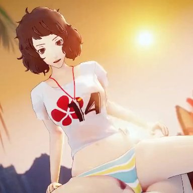 atlus, persona, persona 5, joker (persona), sadayo kawakami, amateurthrowaway, delalicious3, 1boy, 1girls,  kawakami, beach, big breasts, bouncing breasts, breasts, brown hair