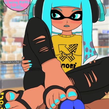 nintendo, splatoon, cerulean (azurestar), inkling, inkling girl, azurestar, accessory, annoyed, barefeet, barefoot, blue eyes, blue hair, blue nails, blush, blushing