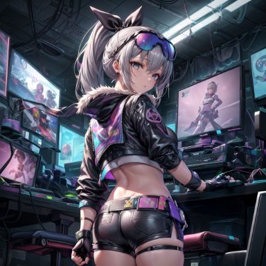 honkai: star rail, honkai (series), silver wolf (honkai: star rail), ass, blush, breasts, female, fingerless gloves, from behind, gloves, hair ribbon, jacket, long hair, looking at viewer, ponytail