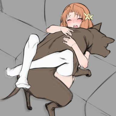 senki zesshou symphogear, serena cadenzavna eve, serenanihidoikotoshitai, blush, brown hair, canine, closed eyes, female, flower, hair flower, hair ornament, hug, leg lock, lying, missionary