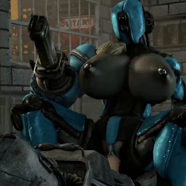 fallout, ada (fallout), assaultron, assaultron (fallout), dodecahedron (artist), areola, areolae, athletic female, black breasts, bouncing breasts, breasts, cowgirl position, duo, human, human penetrating