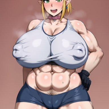 nintendo, tears of the kingdom, the legend of zelda, princess zelda, zelda (tears of the kingdom), kunaboto, 1girls, abs, blush, collar, curvy, huge breasts, huge nipples, kunaboto (style), muscular female