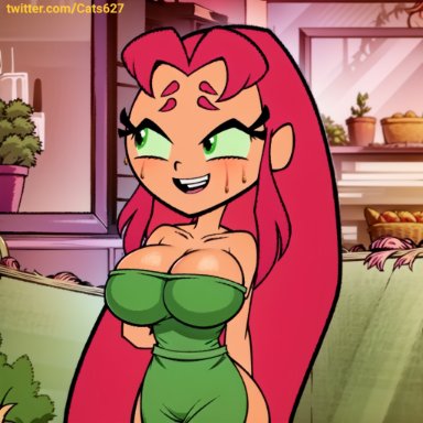 cartoon network, dc, starbucks, teen titans, teen titans go, koriand'r, starfire, cats62, stable diffusion, 1girls, big breasts, big butt, cafe, pink hair, ai generated
