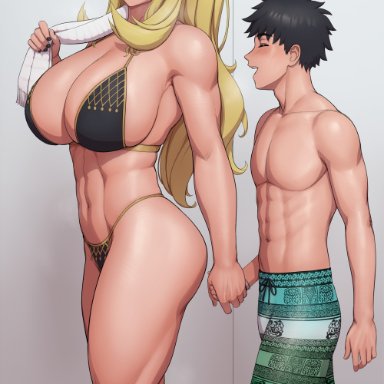 fate/grand order, fate (series), fujimaru ritsuka (male), gawain (barghest) (fate), lvl (sentrythe2310), 1boy, 1girls, abs, bikini, black bikini, black hair, black nails, blonde hair, blush, breasts