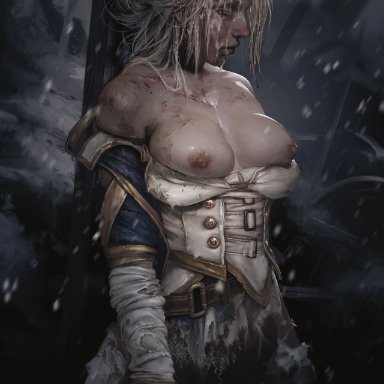 world of warcraft, jaina proudmoore, chifudoon, 1girl, after rape, bad end, blood, breasts, cum, cum on face, death, female, hanging, necrophilia, open clothes