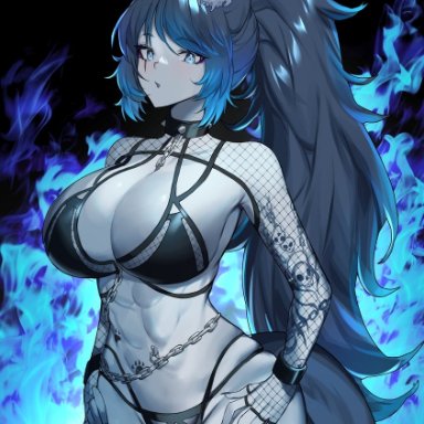 spite (vtuber), wanndabaa, 1girls, abs, animal ears, black bra, black panties, blue eyes, blue fire, bra, breasts, chain leash, chains, cleavage, collar