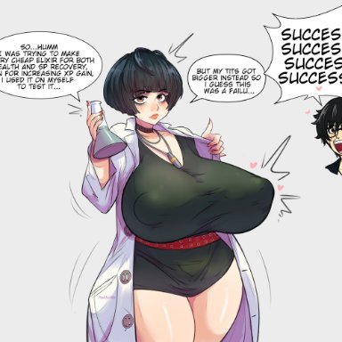 atlus, persona, persona 5, joker (persona), tae takemi, pinkkoffin, 1girls, alternate breast size, breast expansion, breasts, clothed, female, gorh, hips, huge breasts