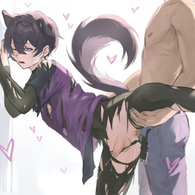 shoto, shoto (vtuber), 2boys, against wall, animal ears, animal tail, black nails, cum, cum from ass, cum in ass, cum inside, cum leaking, dark purple hair, femboy, from behind