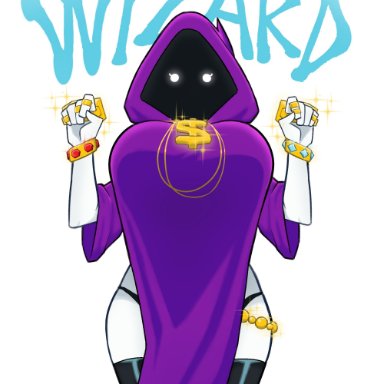 shadow wizard money gang, chafa 8, 1girls, arms up, armwear, big breasts, black panties, cloak, cloaked, eyes only, gold, gold chain, gold jewelry, hood, hooded