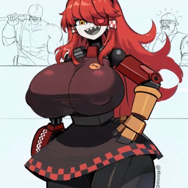 team fortress 2, engineer (team fortress 2), mimi sentry, sentry (team fortress 2), monochrome ai, big breasts, big nipples, huge breasts, large breasts, monochromeai (artist), portrait, thick thighs, wide hips, simple background, tagme