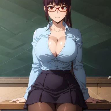 please don't bully me, nagatoro, sana sunomiya, 1girls, alternate hairstyle, arm support, big breasts, busty, cleavage, female, female only, glasses, large breasts, legs, long hair, looking at viewer