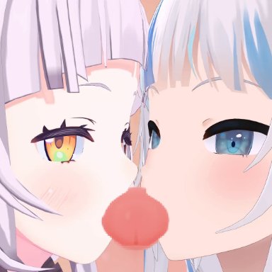 hololive, hololive english, hololive myth, gawr gura, murasaki shion, erommmdman, 1boy, 2girls, blue eyes, blush, cat ears, collaborative fellatio, cum, ejaculation, erect penis