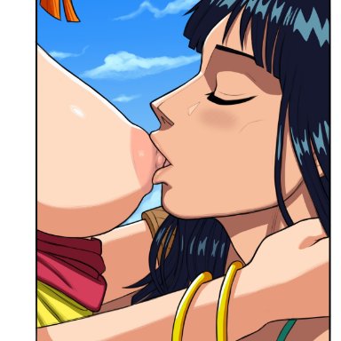 one piece, nami, nico robin, showdownas, 2girls, black hair, breast sucking, breasts, exposed breasts, lesbian, lesbian sex, long hair, orange hair, short hair, sucking breasts