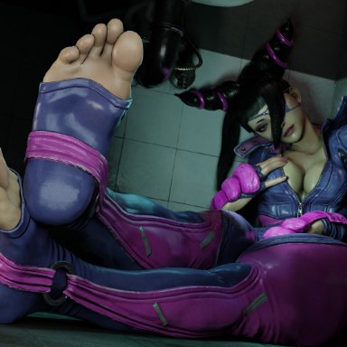 capcom, street fighter, street fighter 6, juri han, syclops, bathroom, black hair, bodysuit, breasts, cleavage, clothing, eyepatch, feet, female, female only