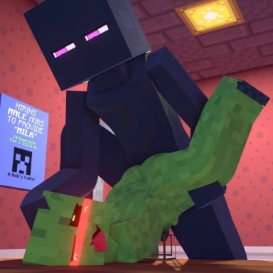 minecraft, creeper, enderman, dexiony'smc, ahe gao, balls, consensual, cum, cum in container, femboy, from behind position, gay, glowing eyes, head down ass up, male only