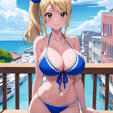 fairy tail, lucy heartfilia, stable diffusion, 1girls, bikini, blonde hair, blue bikini, curvy body, curvy female, curvy figure, female focus, female only, huge breasts, looking at viewer, seductive look