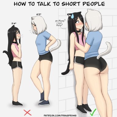 molly (dbagdraws), nikko (dbagdraws), dbagdraws, fluffyearedfox, 1boy, 1futa, against wall, animal ears, ass, black hair, blush, booty shorts, breasts, bulge, bulge through clothing