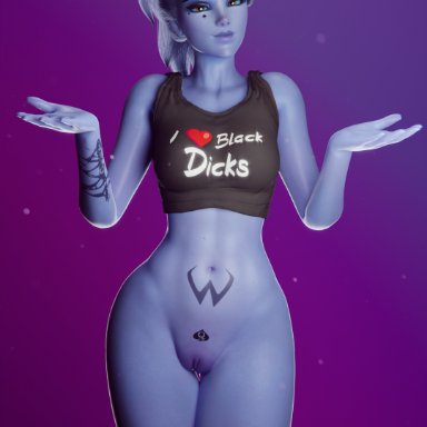 blizzard entertainment, overwatch, amelie lacroix, widowmaker, gladionanimated, 1girls, blue skin, blue skinned female, bottomless, female, female only, hourglass figure, looking at viewer, mole, mole under eye