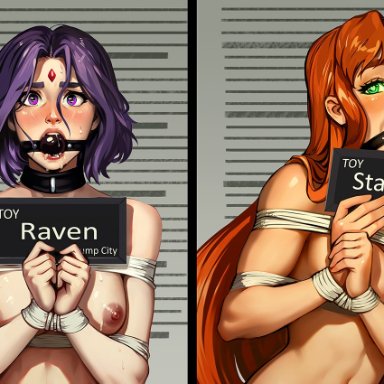 dc, dc comics, teen titans, koriand'r, rachel roth, raven, raven (dc), starfire, saneperson, 2girls, ball gag, bondage, breasts, gag, gagged