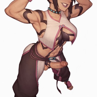 street fighter, street fighter 6, juri han, asura (artist), 1futa, armpit hair, balls, bangs, big breasts, big penis, black hair, breasts, clothed, clothing, erection