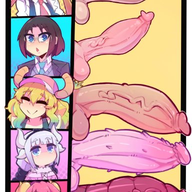 miss kobayashi's dragon maid, elma (dragon maid), ilulu (dragon maid), kanna kamui, quetzalcoatl (dragon maid), tohru (dragon maid), pixzapix, 5futas, balls, barbed penis, blonde hair, breasts, dragon cock, dragon penis, erection